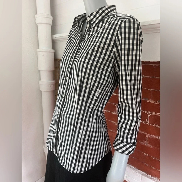 Lafayette 148 Black and White Gingham Fitted Button Down Shirt Checked Top - Picture 4 of 15